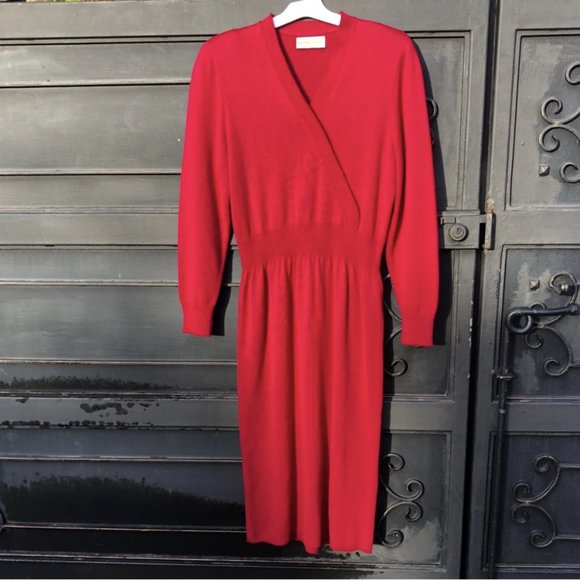 Vintage 80s 90s Maxi Sweater Wrap Dress Shoulder Pads Cranberry Red Sz S/ M - Picture 6 of 8